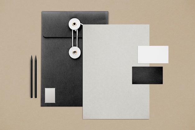 Free photo stationery set with string envelope folders, business cards, and pencils