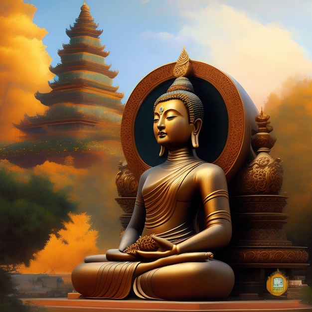 A statue of a buddha sits in a garden with a yellow background.