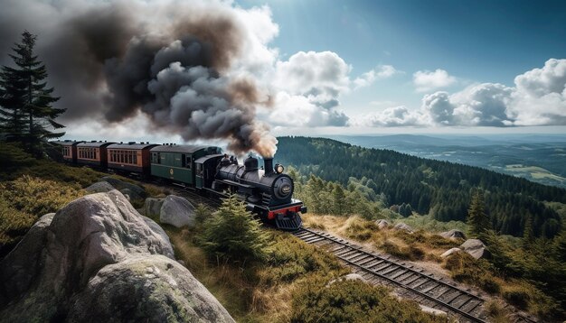 Steam locomotive chugs through mountainous forest landscape generated by AI