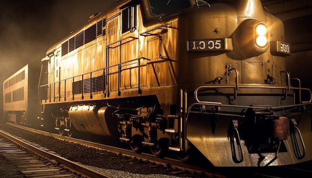 Steam locomotive speeds through old railroad station generated by AI