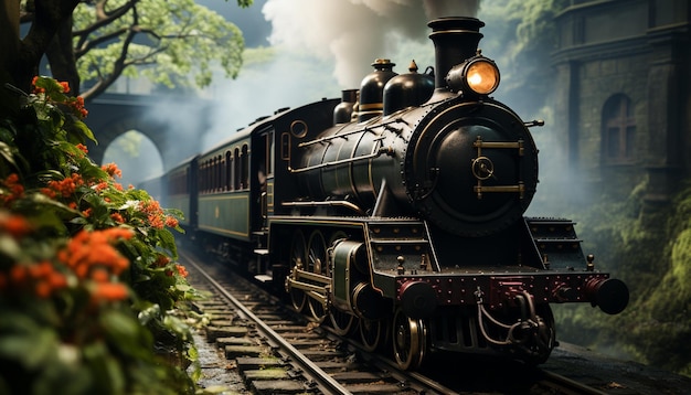 Free Photo steam train chugs through forest a nostalgic journey through history generated by artificial intelligence