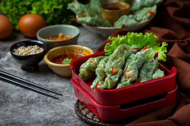 Steamed Shrimp Wontons Dim Sum with Raw Materials.