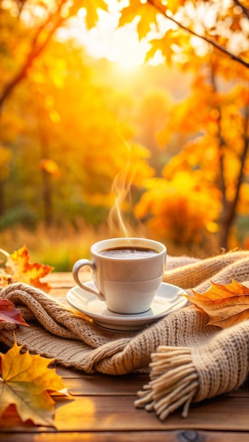 Free photo steaming cup of coffee on a wooden table with an autumnal background