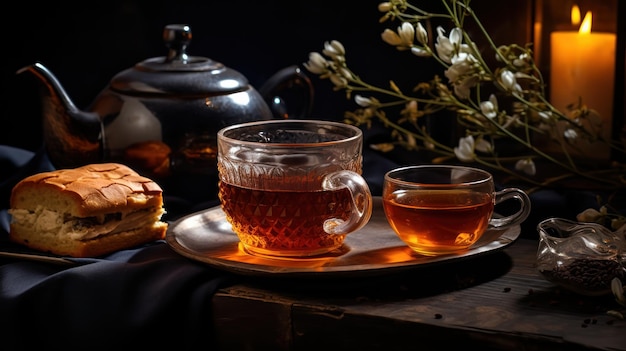 Free photo steaming cup of tea sits beside adding coziness to the scene