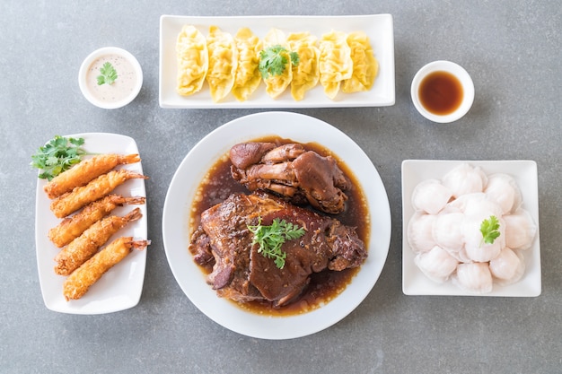 Stewed pork leg in gravy soup, Steamed shrimp dumplings dim sum and Batter-fried prawns