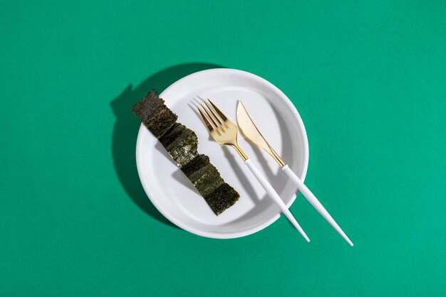 Still life of algae and moss on plate