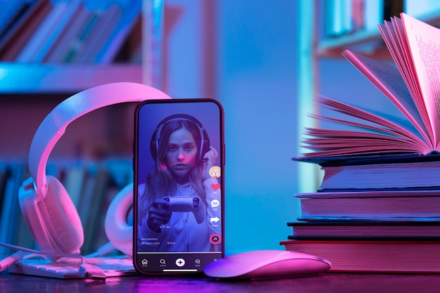 Free Photo still life of books versus technology