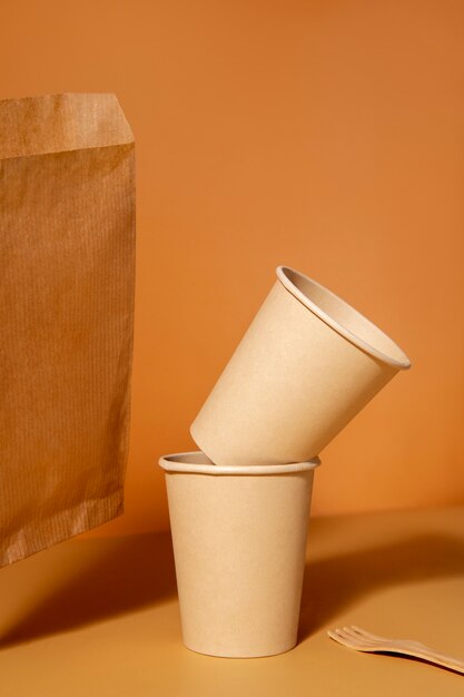 Still life of cardboard organic dinnerware