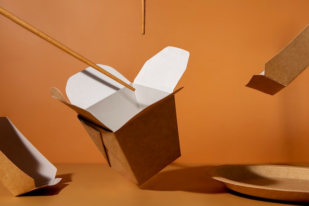 Still life of cardboard organic dinnerware