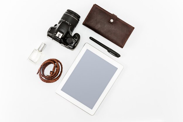 Still life of casual man. Modern male accessories and laptop