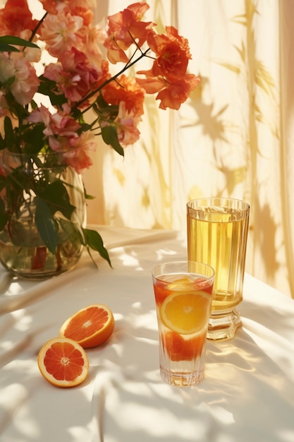 Still life of cocktail on tablecloth