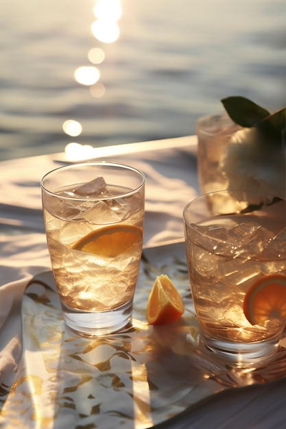 Still life of cocktail on tablecloth