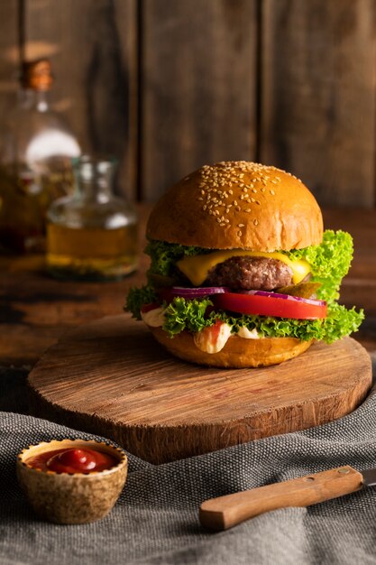 Still life of delicious american hamburger