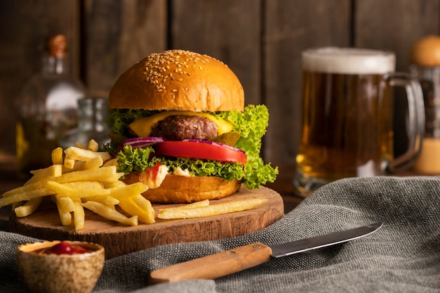 Still life of delicious american hamburger