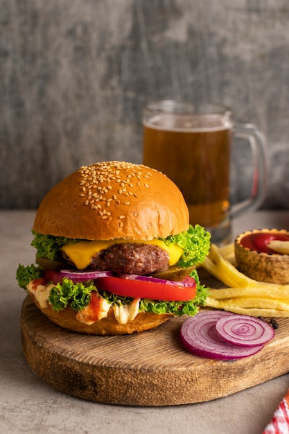 Still life of delicious american hamburger