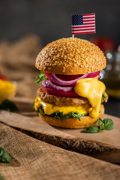 Still life of delicious american hamburger