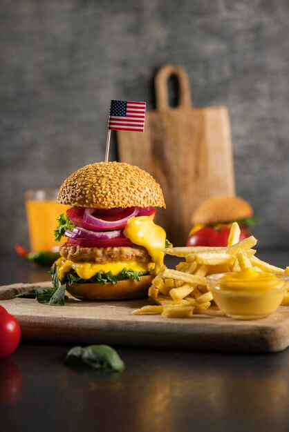 Still life of delicious american hamburger