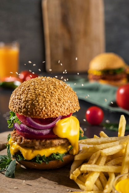 Still life of delicious american hamburger