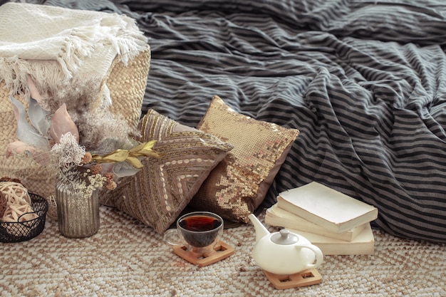 Still life details in home interior of living room.