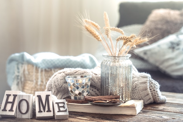 Free photo still life details of home interior on a wooden table