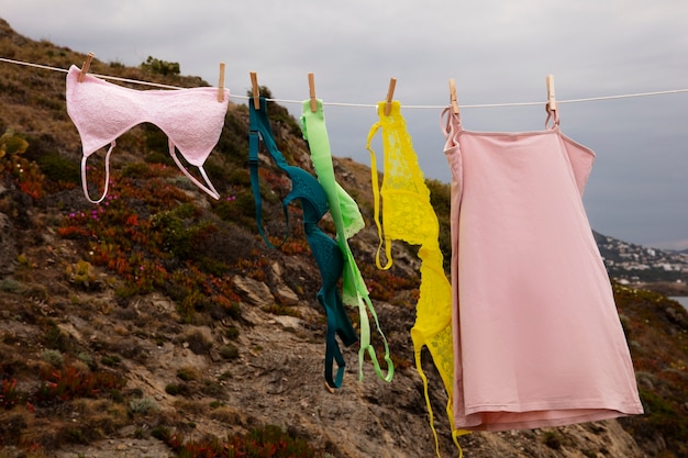 Still life of different types of bras outdoors