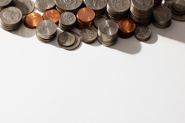 Still life of dollar coins piles