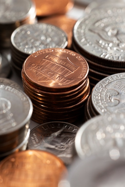 Still life of dollar coins piles