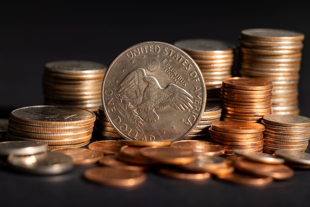 Still life of dollar coins piles