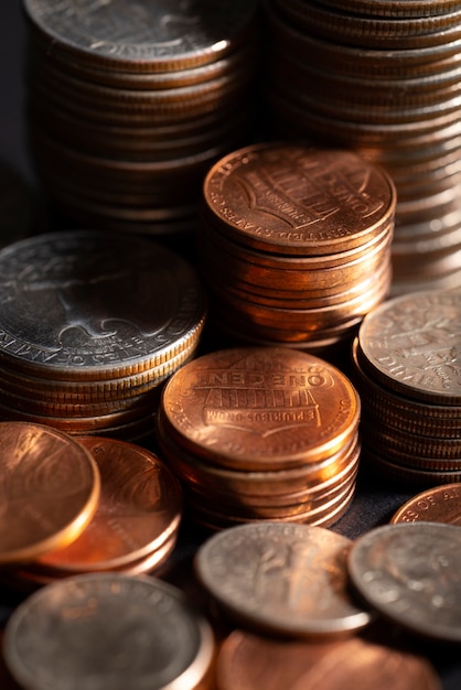 Still life of dollar coins piles