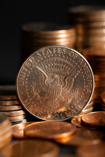 Still life of dollar coins piles