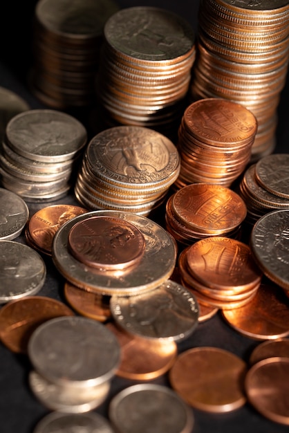 Free photo still life of dollar coins piles