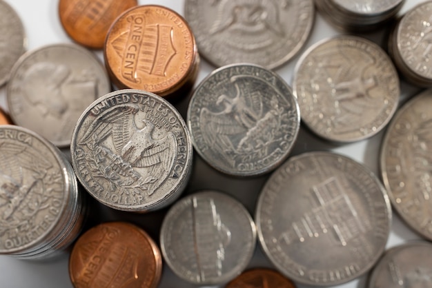 Still life of dollar coins piles