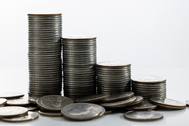 Still life of dollar coins piles