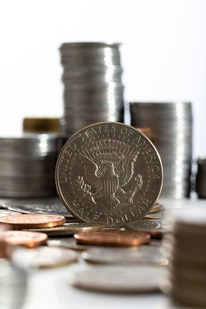 Still life of dollar coins piles