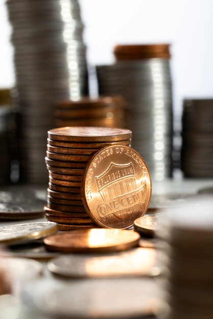 Free photo still life of dollar coins piles