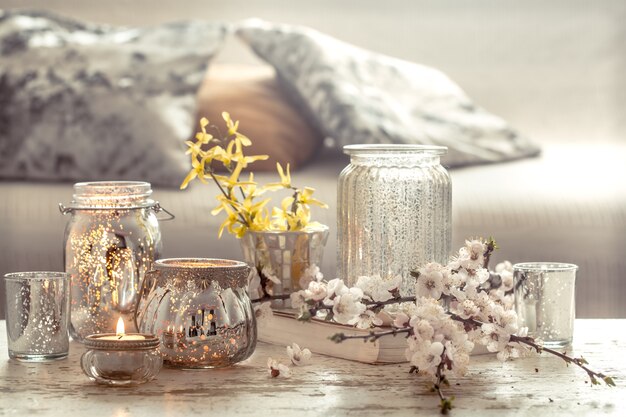 still life flowers with decorative objects in the living room