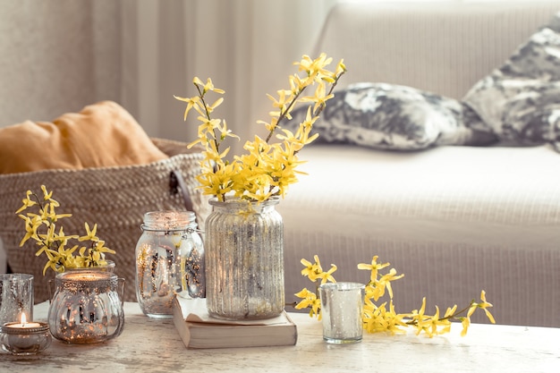 still life flowers with decorative objects in the living room