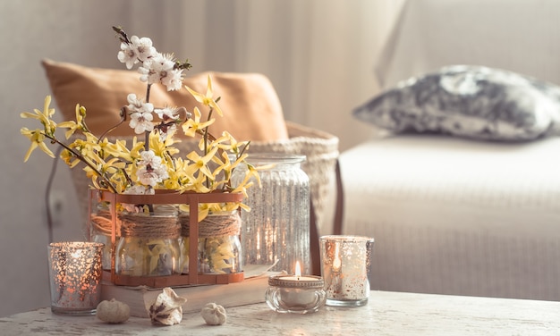 still life flowers with decorative objects in the living room