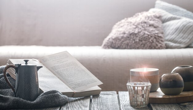 still life from home interior on wooden background