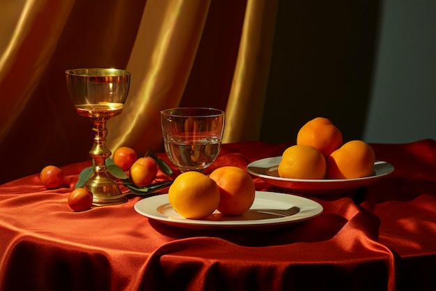 Still life of fruits on tablecloth