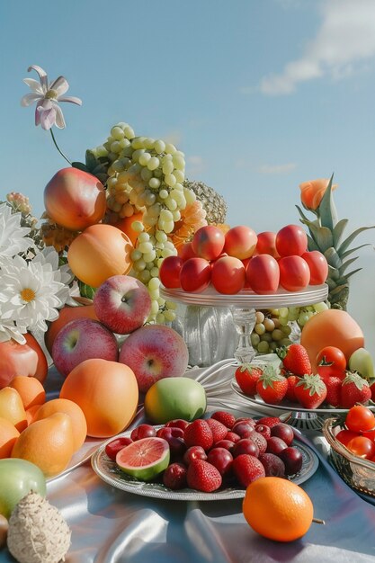 Still life of fruits on tablecloth