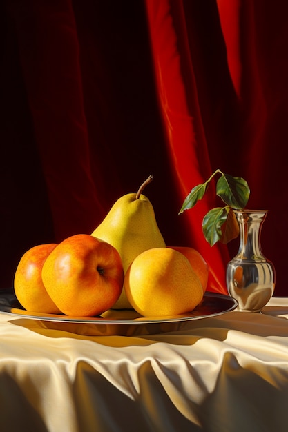 Still life of fruits on tablecloth