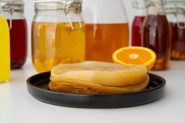 Still life of kombucha bottle