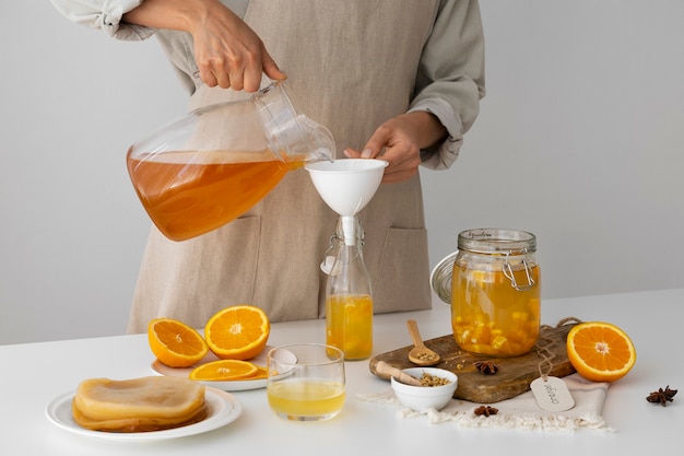 Free photo still life of kombucha bottle