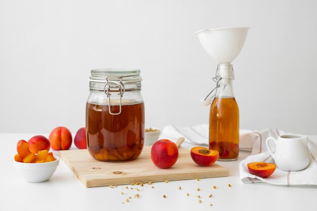 Still life of kombucha bottle