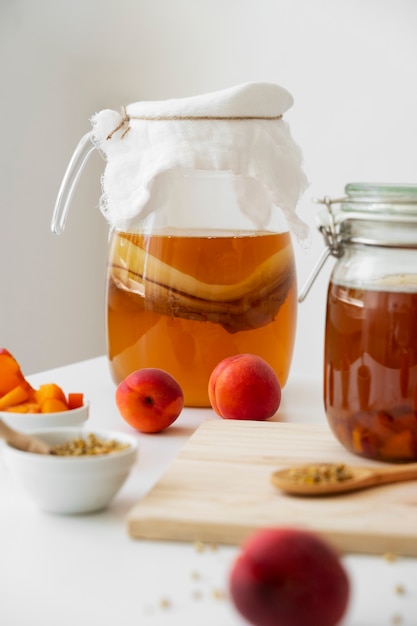 Still life of kombucha bottle