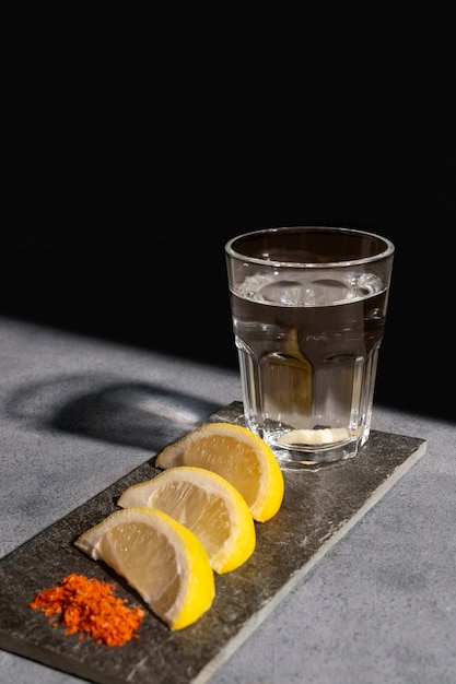 Still life of mezcal drink with maguey worm