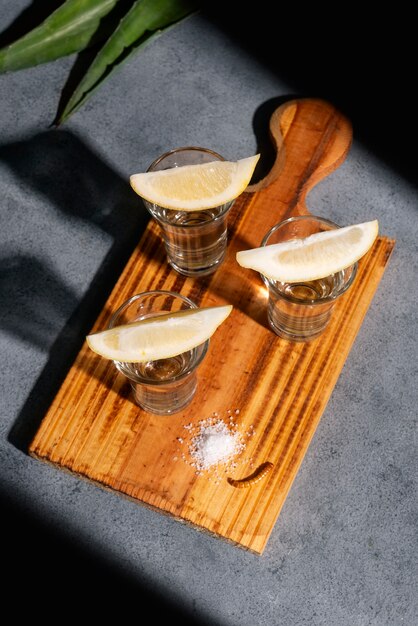 Still life of mezcal drink with maguey worm