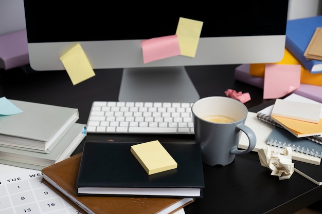 Free photo still life of office desk  mess