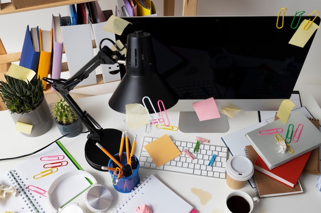 Free Photo still life of office desk  mess